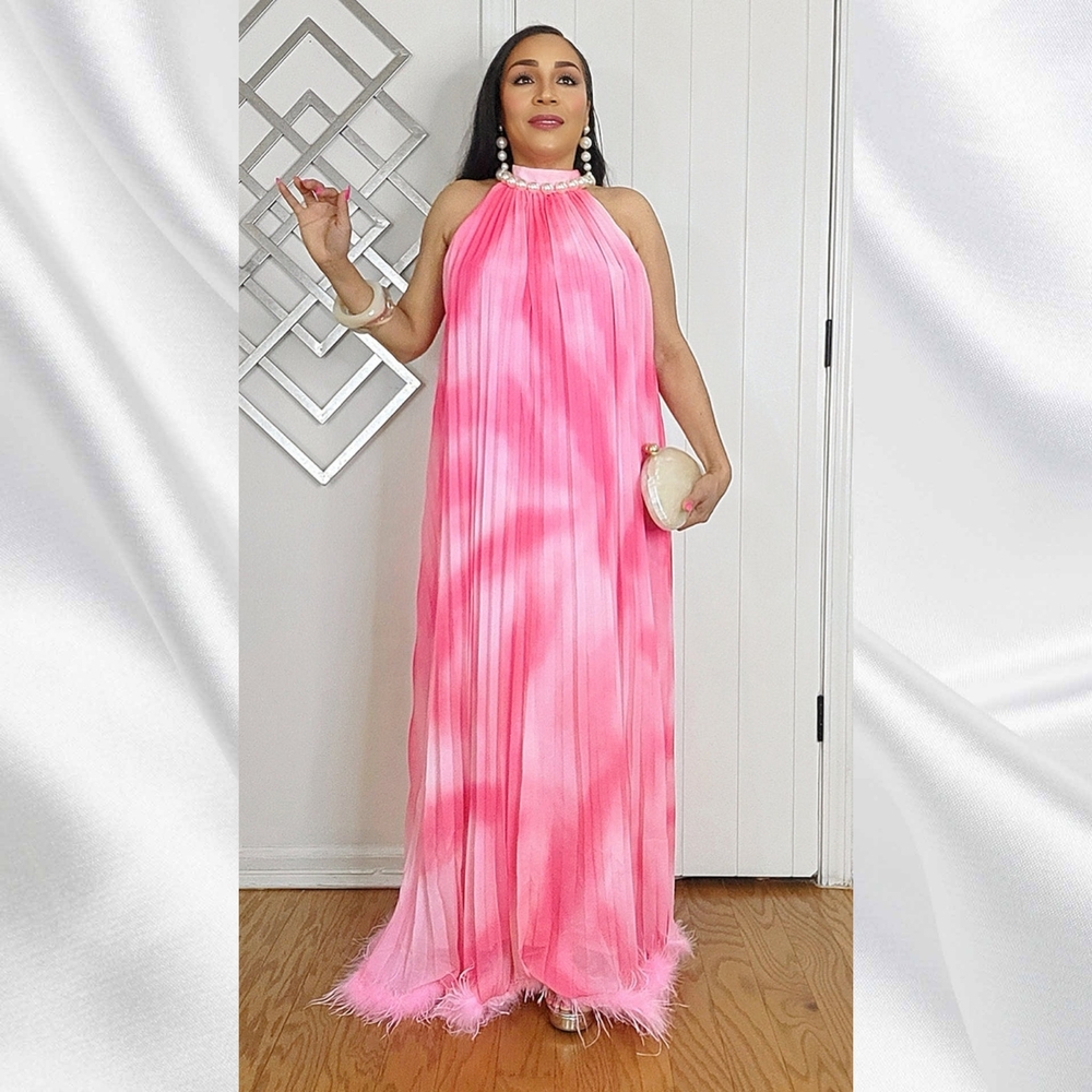 Pink Dye Pleated Feathers Maxi Dress with Pearls Neckline